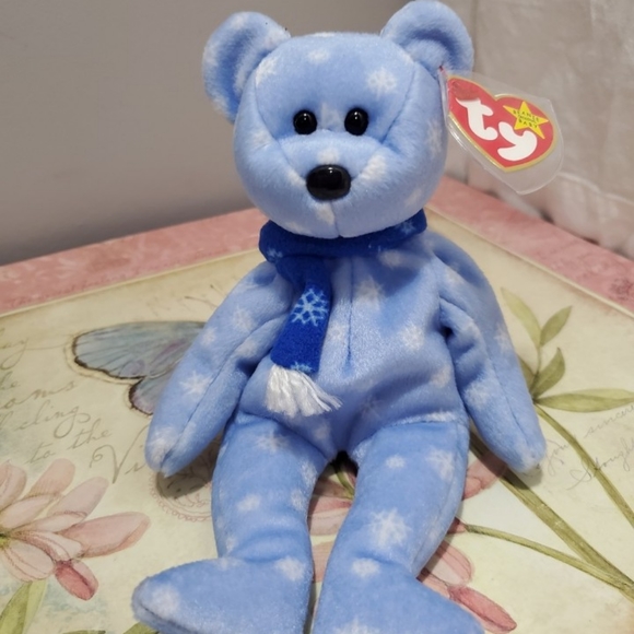 Vintage 1990's Holiday Christmas Beanie baby blue and white bear plush - Picture 1 of 4